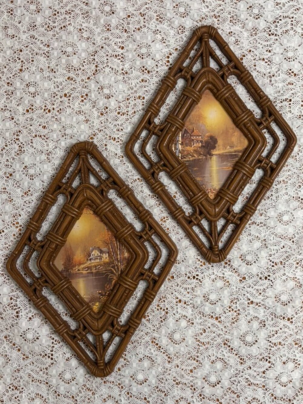 VTG 70s Faux Bamboo Diamond Framed Print Pair Scenic Lakeside Cottage